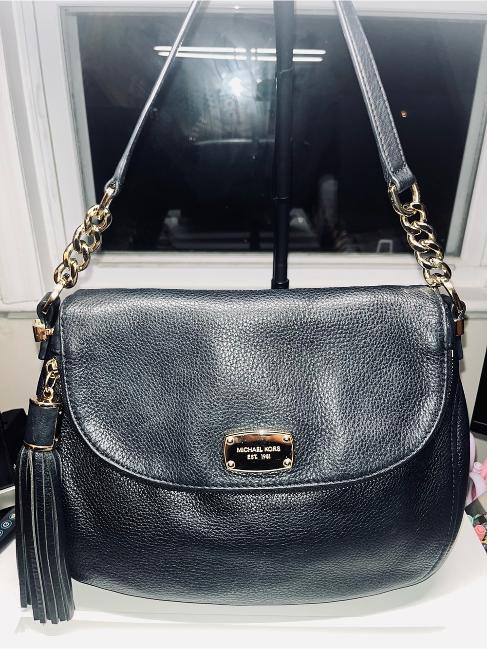 Michael Kors Black Pebbled Leather Shoulder/Crossbody Bag with Tassel